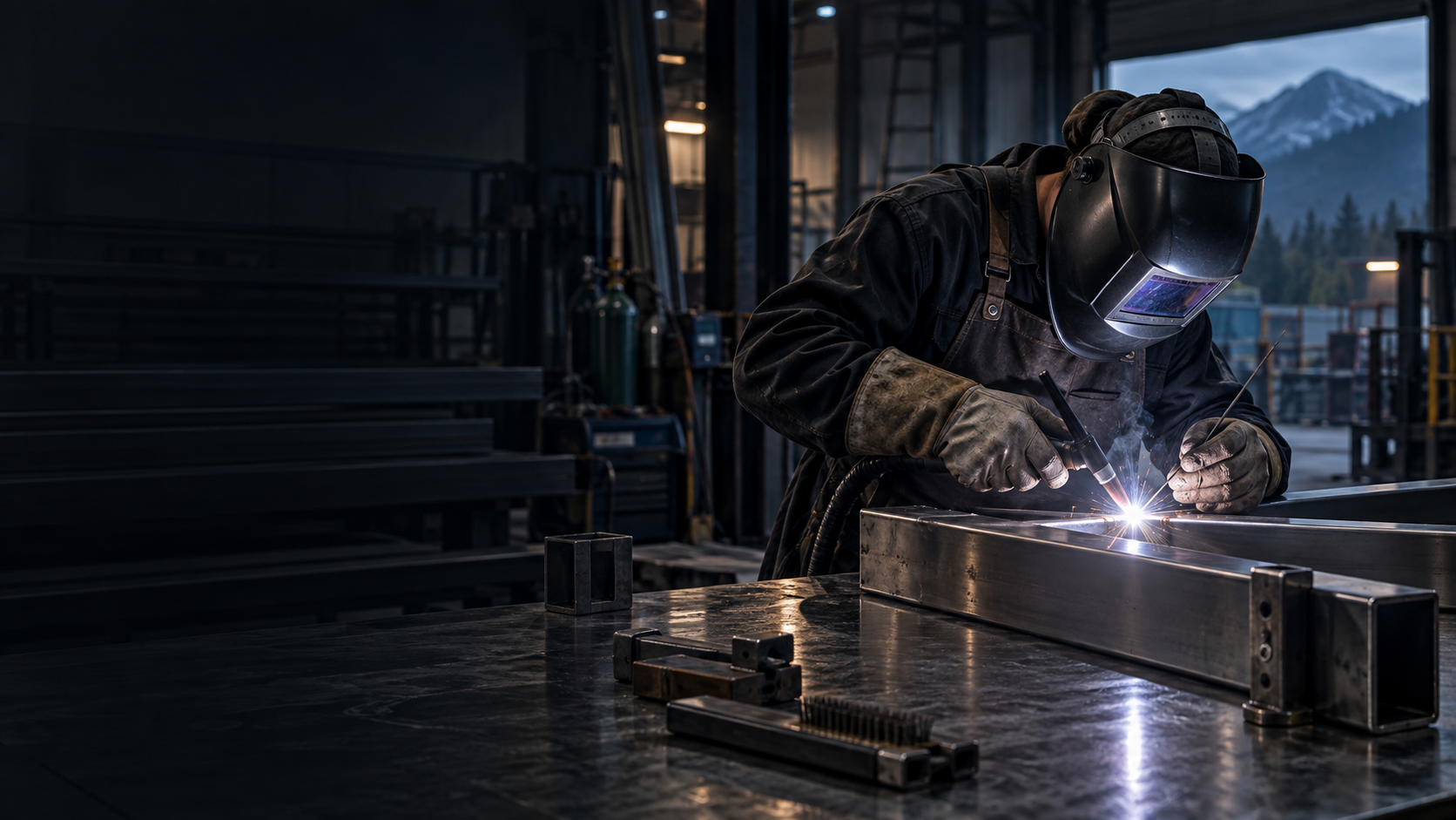 Skilled welder fabricating a steel assembly in a professional workshop